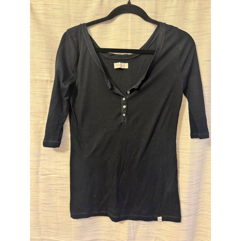 Gilly Hicks Black Ribbed Henley Top 3/4 Sleeve Scoop Neck Slim Fit Large